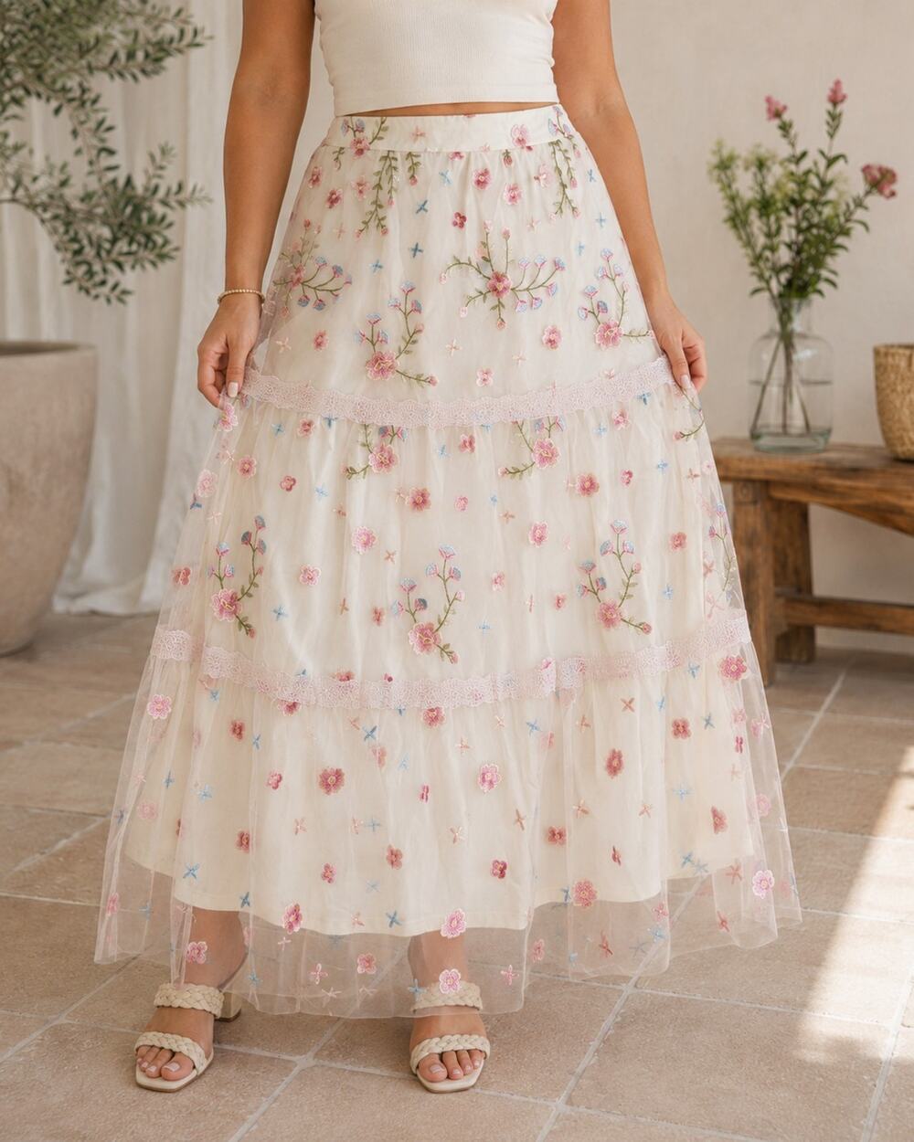 Altar'd State Callistyn Floral Embroidered Lined Maxi Skirt, Pink Multi, XL